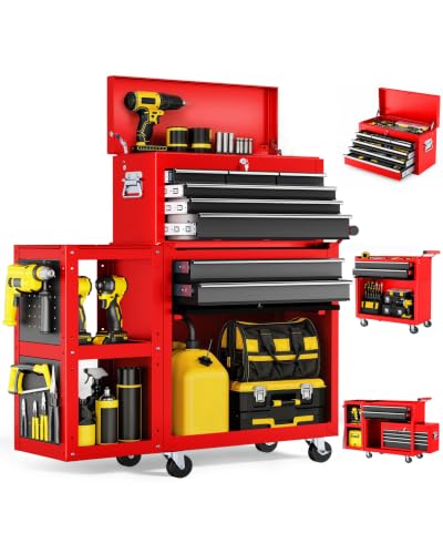 LDHTHOPI 8-Drawer Rolling Tool Chest, Assembled Metal Tool Storage Cabinet with Wheels, Locking Sliding Drawers & Detachable Top Box, for Garage Workshop Repair Room Warehouse, Red