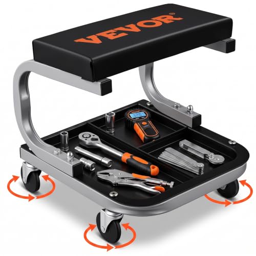 VEVOR Rolling Creeper Garage/Shop Seat, 250 LBS Capacity Padded Rolling Workshop Stool with Tool Tray Storage, Mechanic Stool for Garage, Shop, Auto Repair, Black