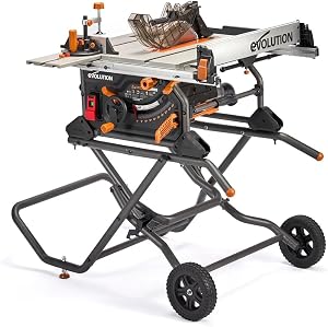 Evolution R10TBLX 10" Jobsite Table Saw with Wheeled Stand | Zero-Clearance Throat Pl