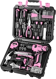 DEKOPRO Drill Set, Home Tool Set with 8V Pink Cordless Drill, Hand Tool Kit for Women, 126