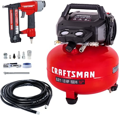 CRAFTSMAN 6 Gallon Pancake Air Compressor with 18GA Brad Nailer, Porta — Manufacturer product photo — best air compressor for gara