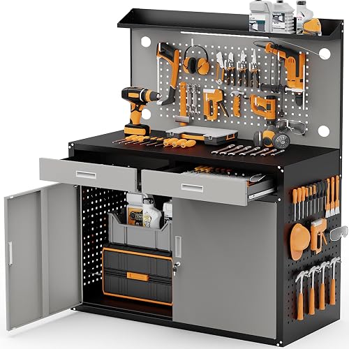 Rumetol 48" Heavy Duty Garage Workbench with Storage Drawers & Pegboar — Manufacturer product photo — how to set up garage worksho