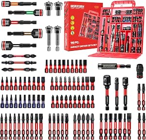 Geinxurn 98Pieces 1”/2” Impact Screwdriver Bits Set, Magnetic S2 Steel (Phillips/Slotted/S